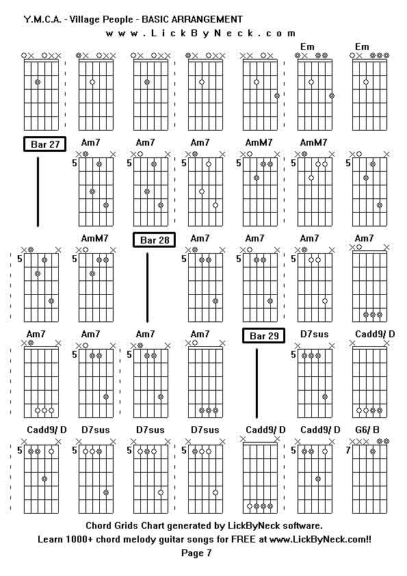 Chord Grids Chart of chord melody fingerstyle guitar song-Y M C A - Village People - BASIC ARRANGEMENT,generated by LickByNeck software.